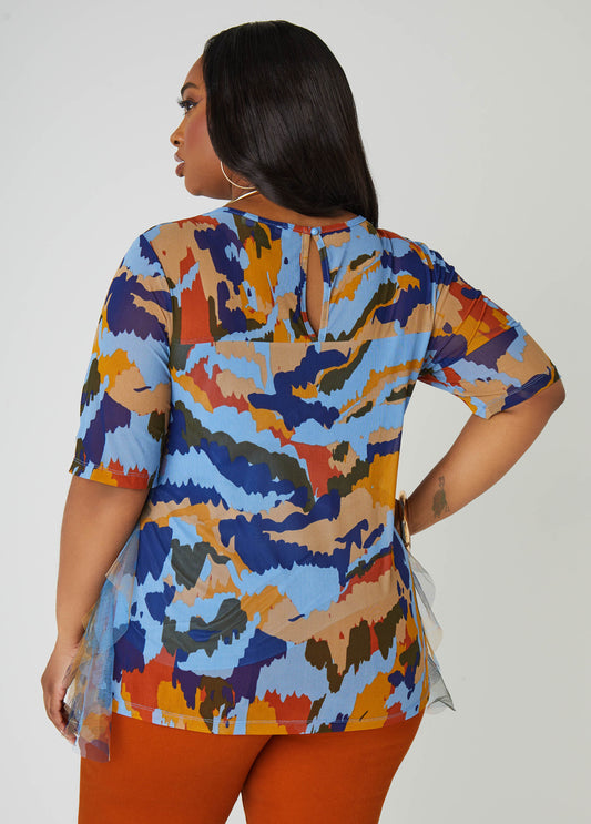 Ruffled Abstract Print Mesh Top