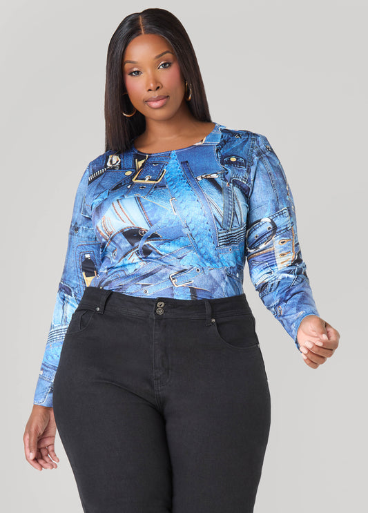 Plus Size Denim Print Top