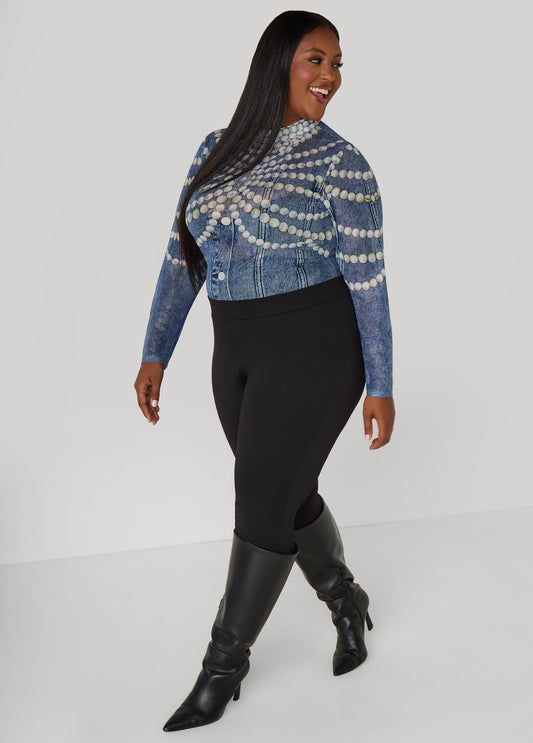 Pearl And Denim Print Mesh Top