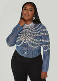 Pearl And Denim Print Mesh Top