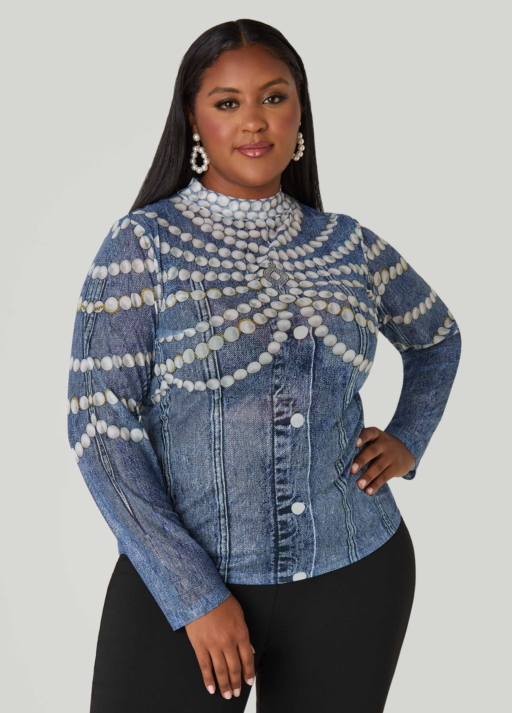 Plus Size Pearl And Denim Print Mesh Top