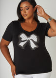 Bow Embellished Stretch Knit Tee