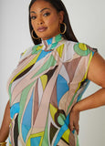 Printed Mesh Mock Neck Top