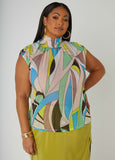 Printed Mesh Mock Neck Top