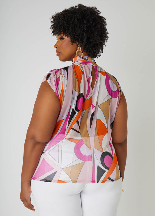 Printed Mesh Mock Neck Top