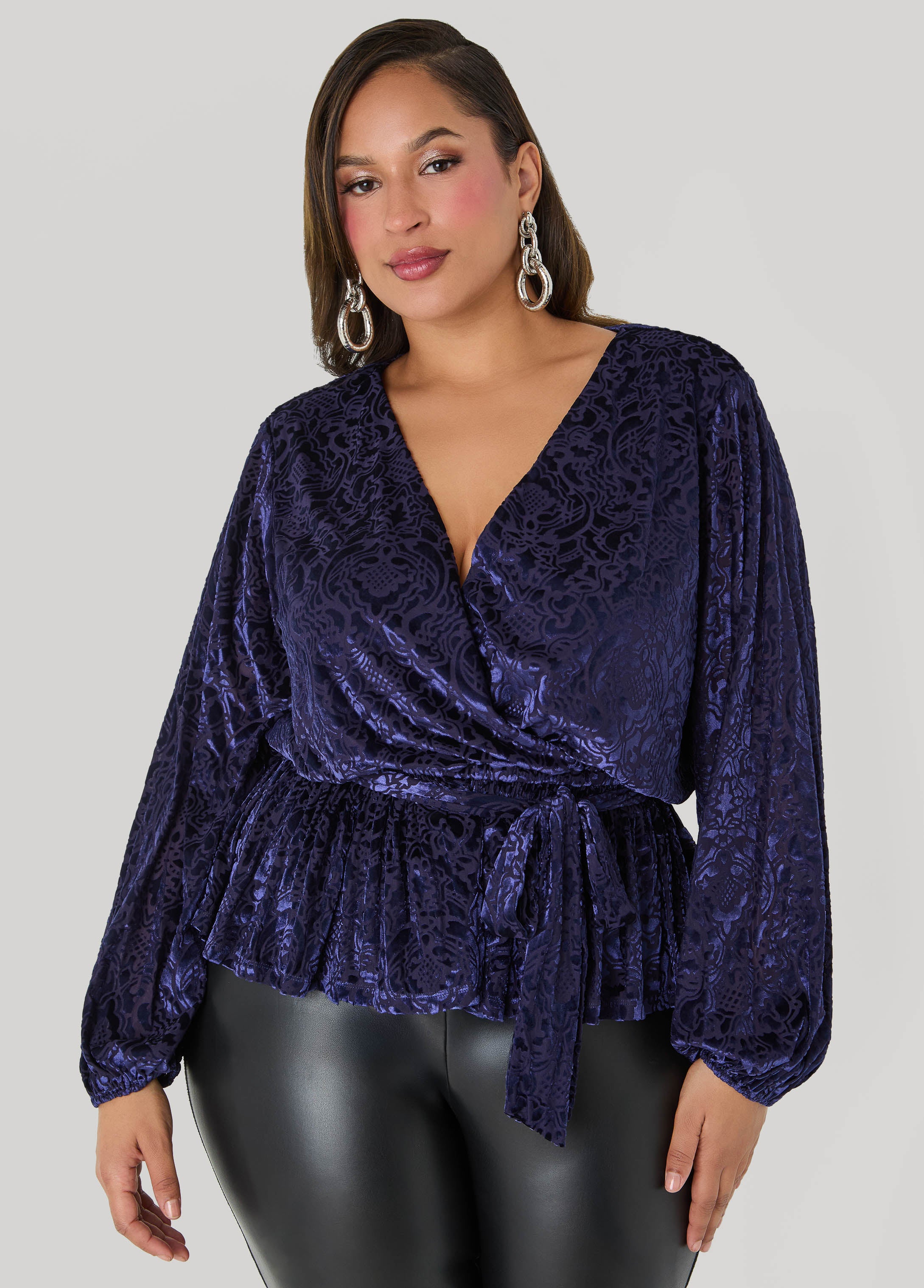 Plus Size Burnout Velvet Faux Wrap Top