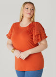 Floral Applique Poplin Paneled Tee