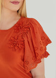 Floral Applique Poplin Paneled Tee