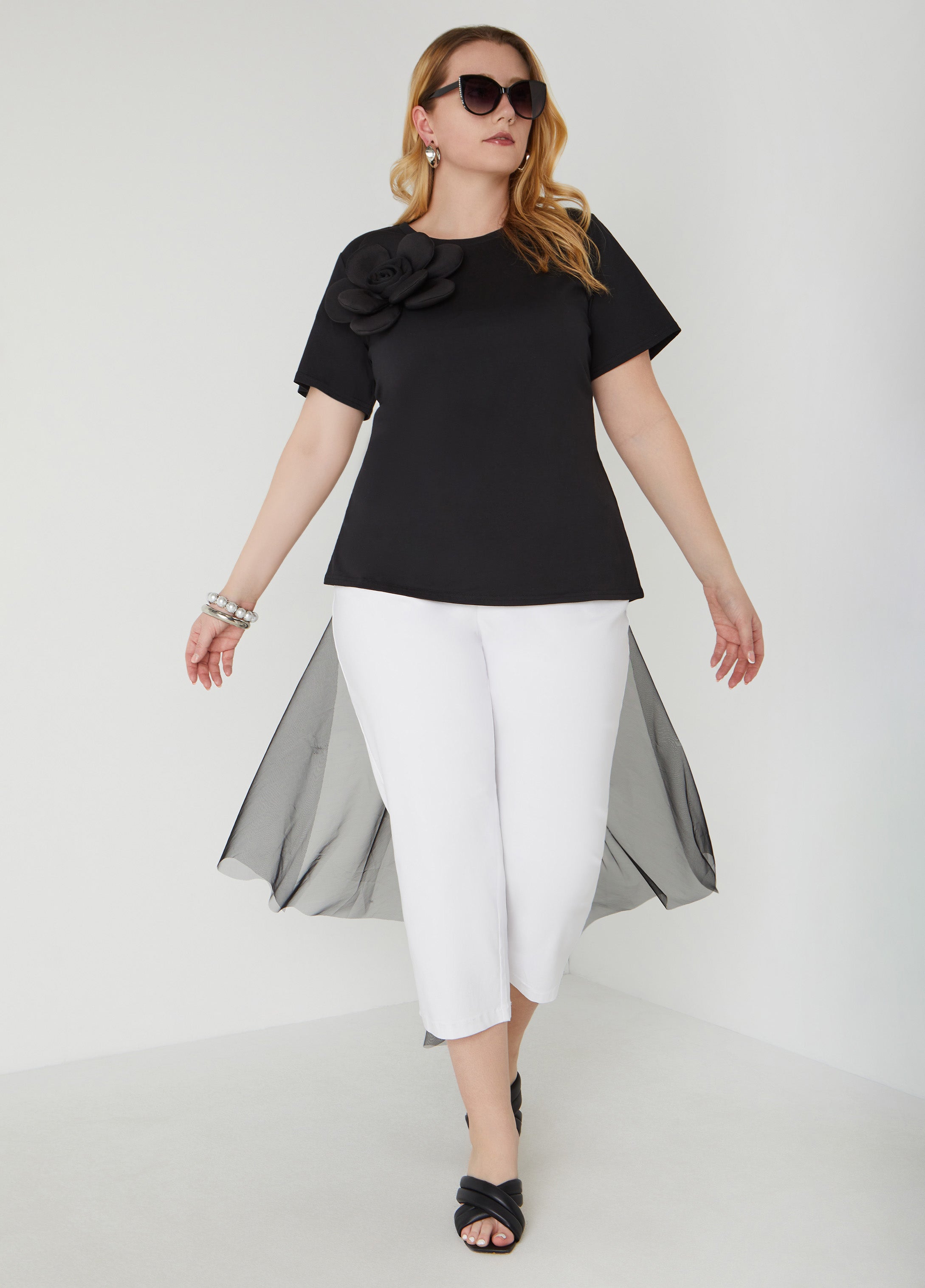 Plus Size Mesh Paneled Rosette Tee
