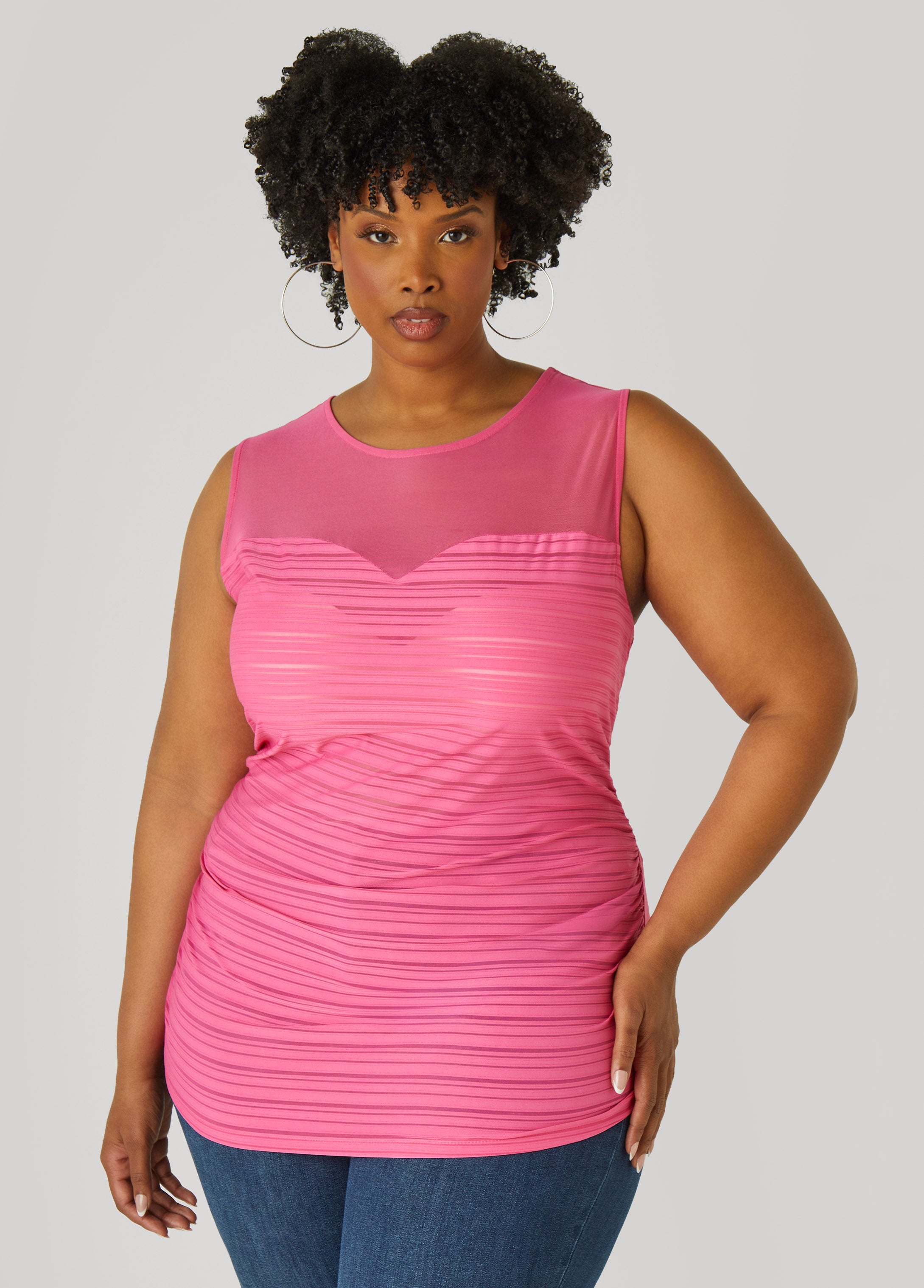 Plus Size Striped Mesh Paneled Top