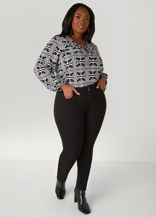 Lace Up Geo Print Top