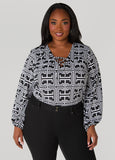 Plus Size Lace Up Geo Print Top