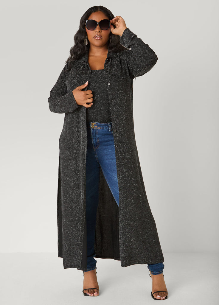 Button Front Metallic Duster – Ashley Stewart
