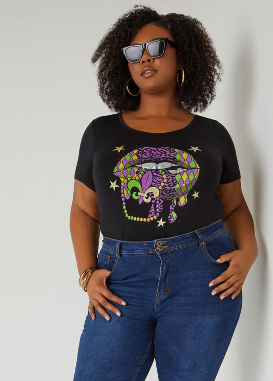 Plus Size Mardi Gras Glittered Graphic Tee