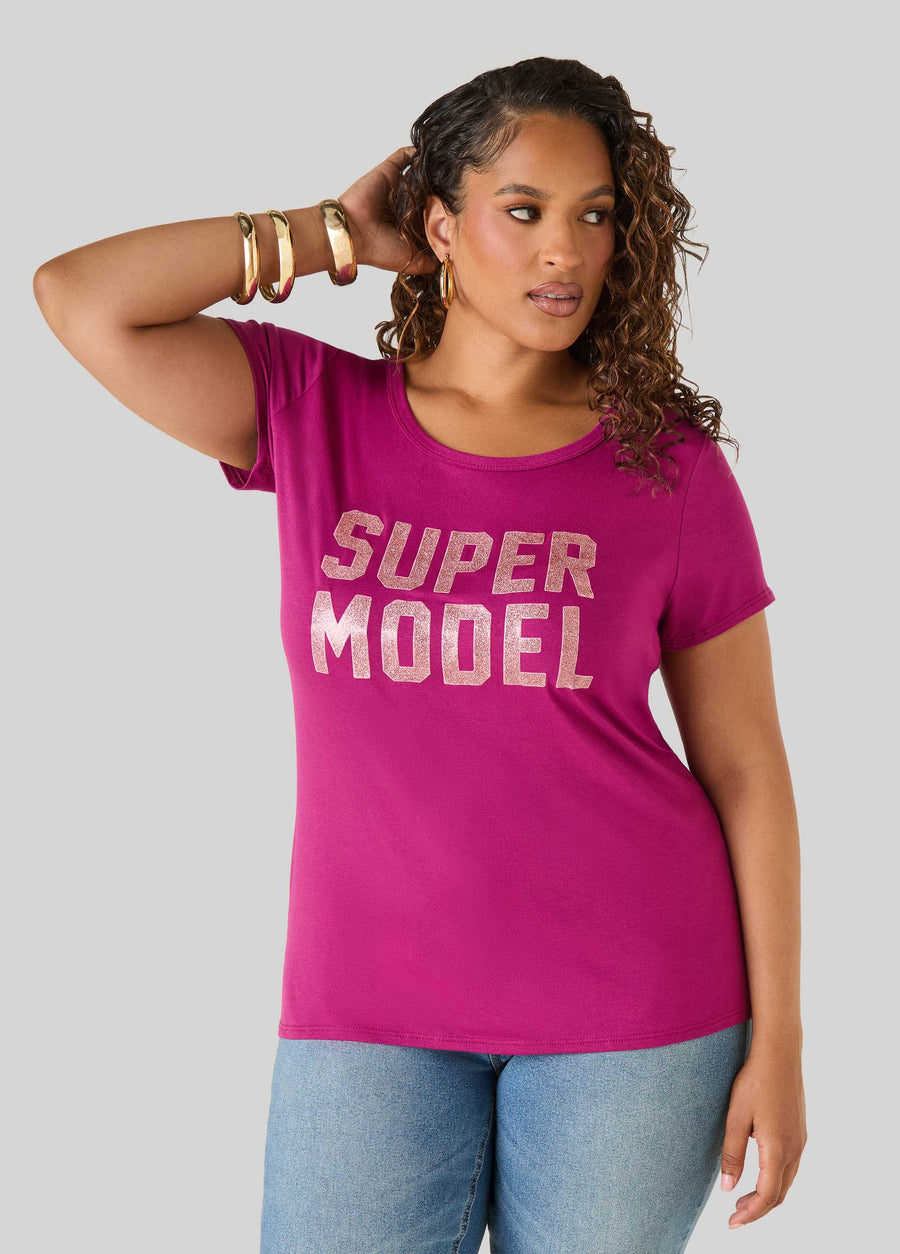 Plus Size Super Model Glittered Graphic Tee
