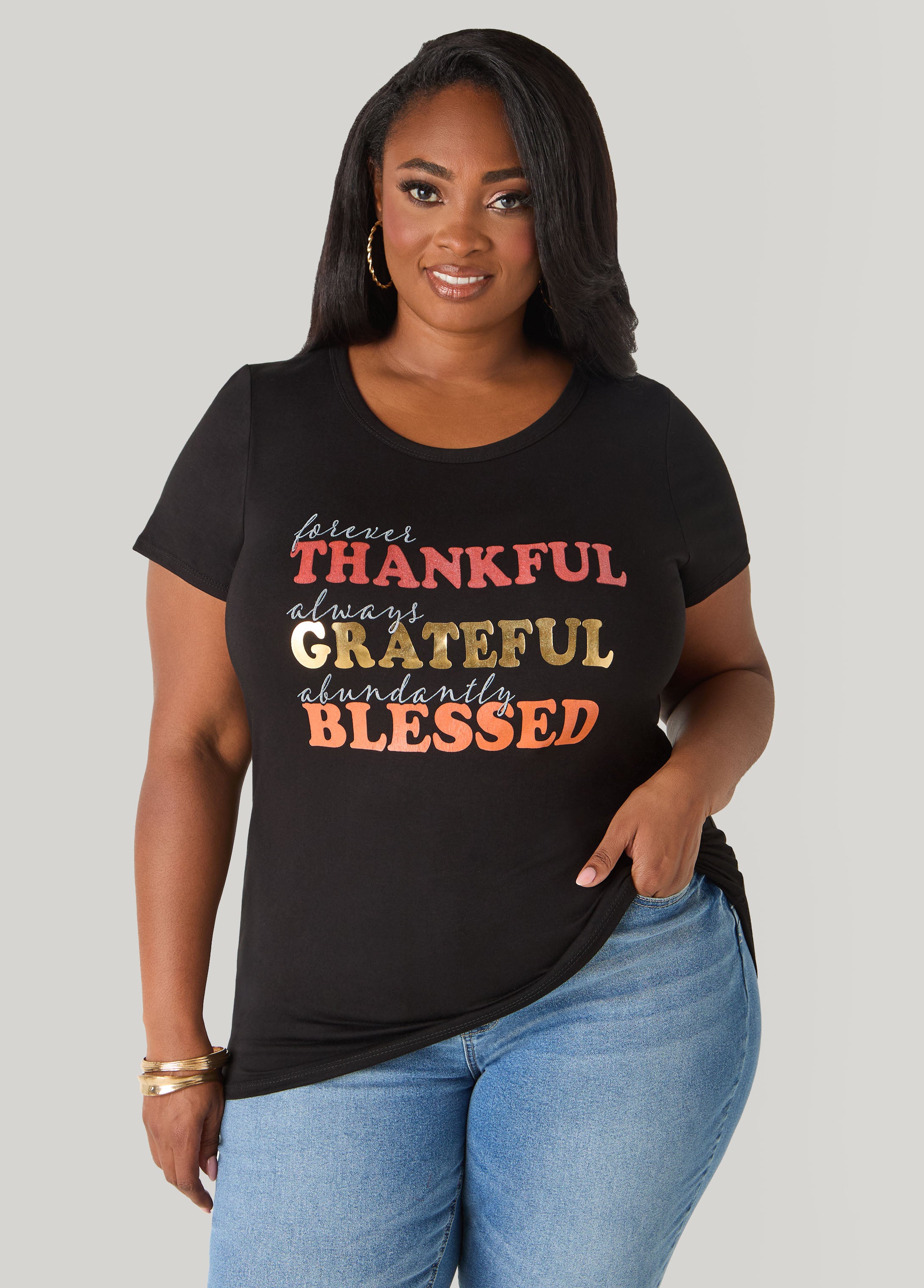 Plus Size Thankful Metallic Graphic Tee