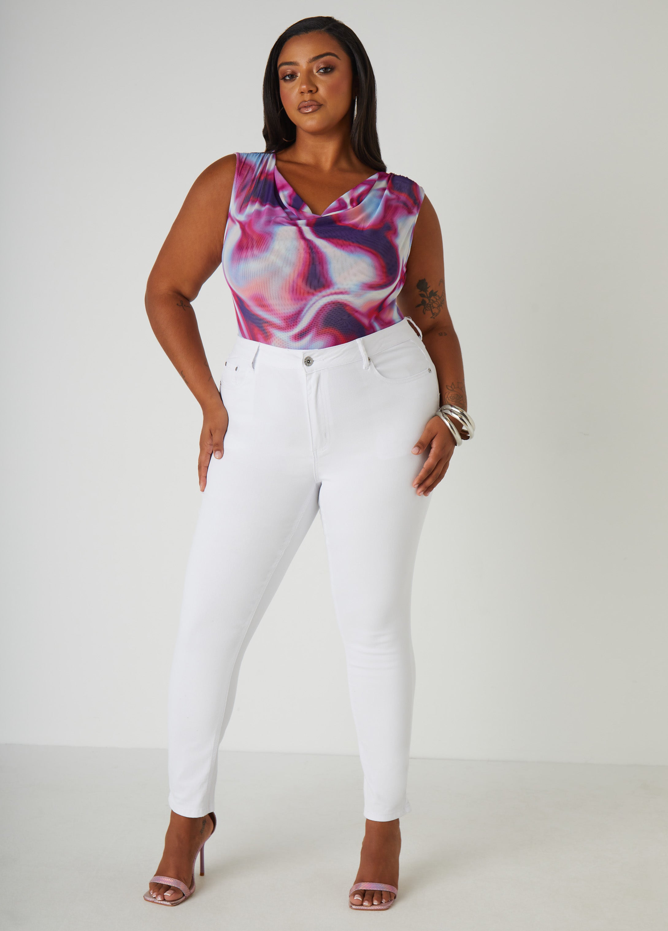 Cowl Neck Abstract Print Mesh Top