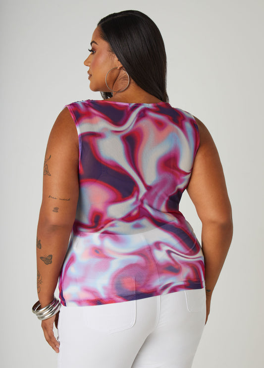 Cowl Neck Abstract Print Mesh Top