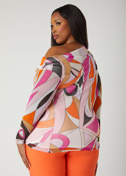 Off The Shoulder Abstract Mesh Top
