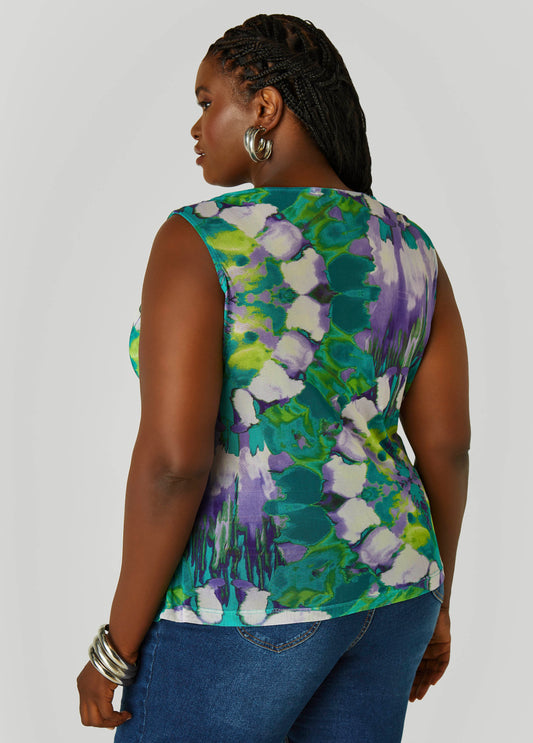 Cowl Neck Printed Mesh Top