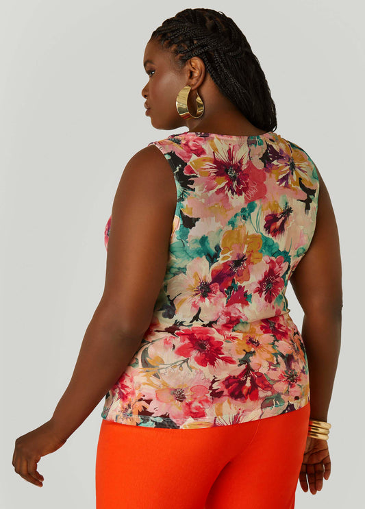 Cowl Neck Printed Mesh Top