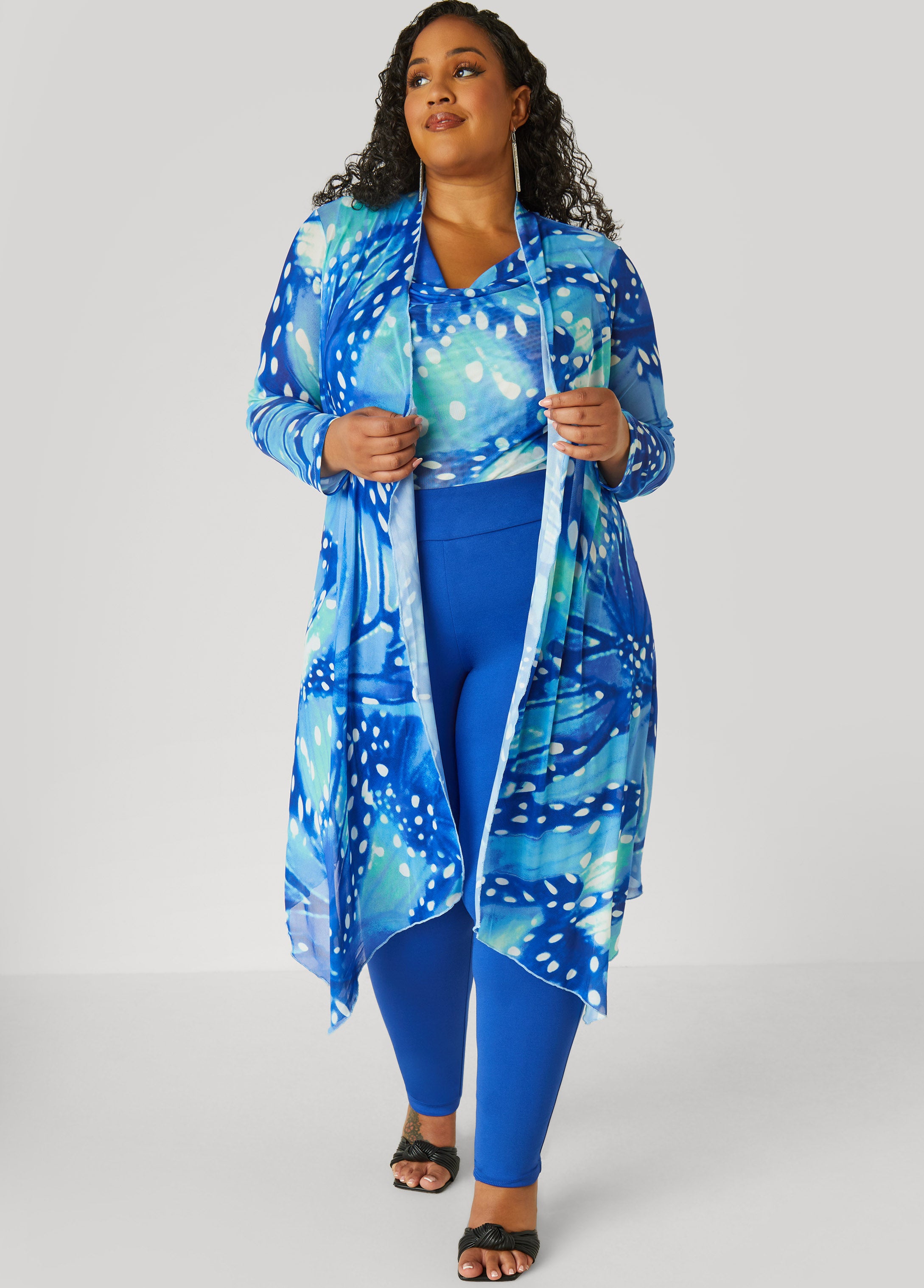 Plus Size Open Front Abstract Mesh Duster