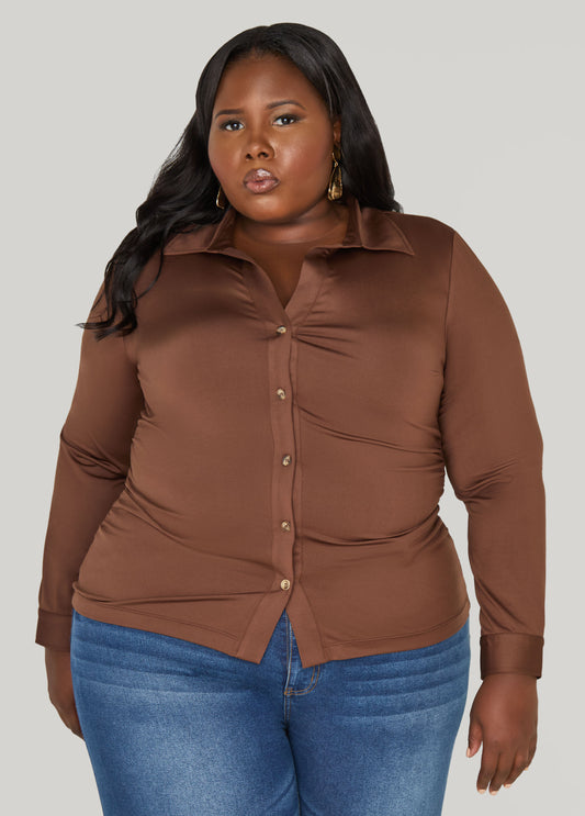 Gathered Button Front Knit Shirt