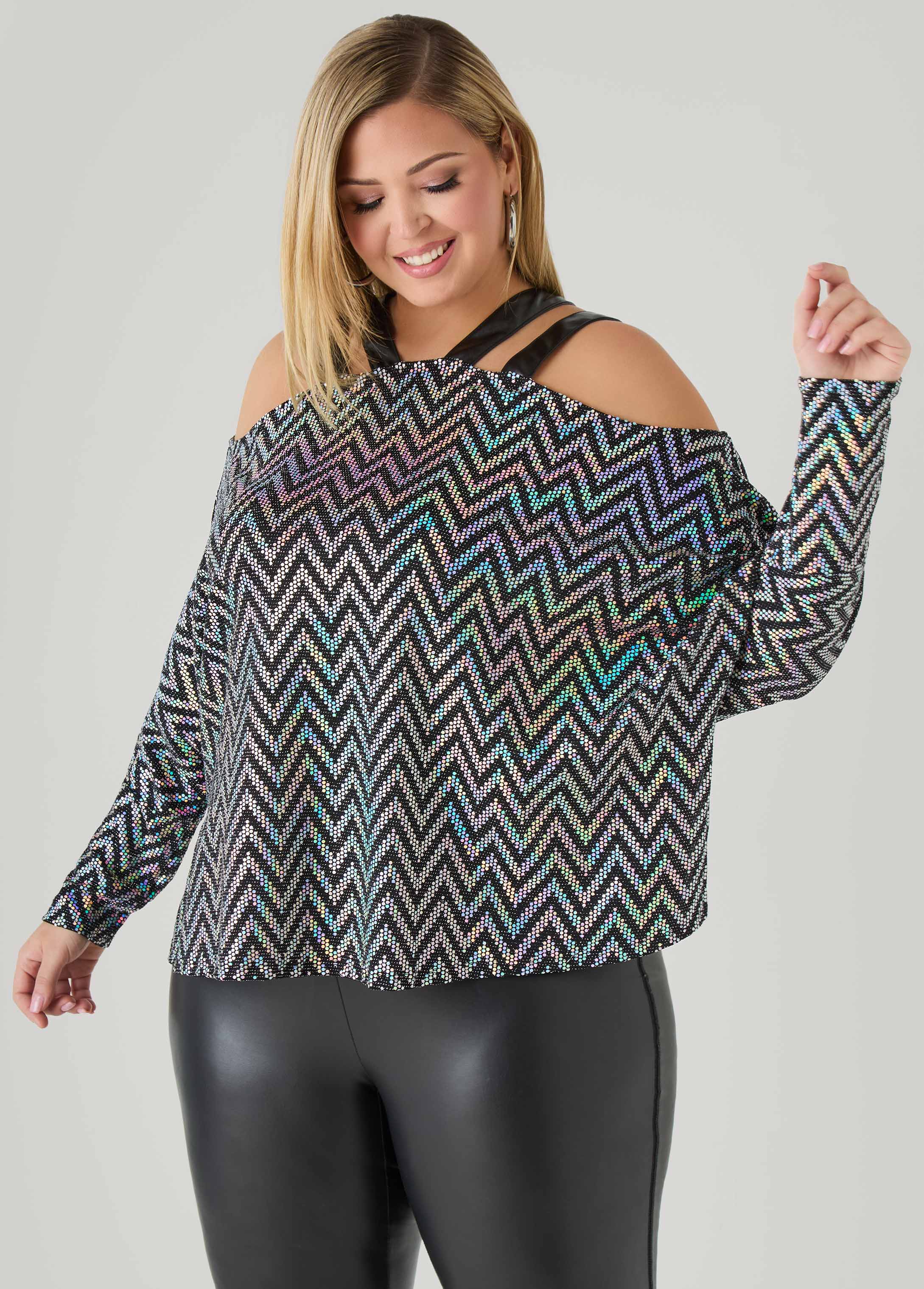 Plus Size Cold Shoulder Metallic Top