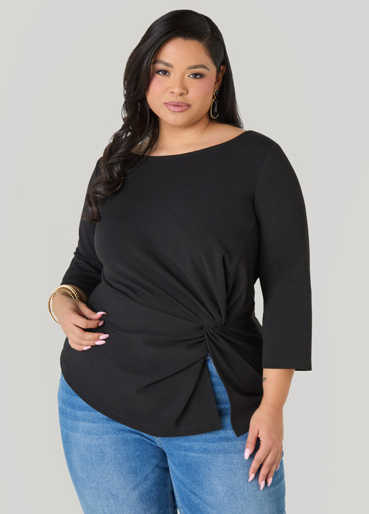 Plus Size Crepe Top Boat Neck Knotted Knit Business Casual Top