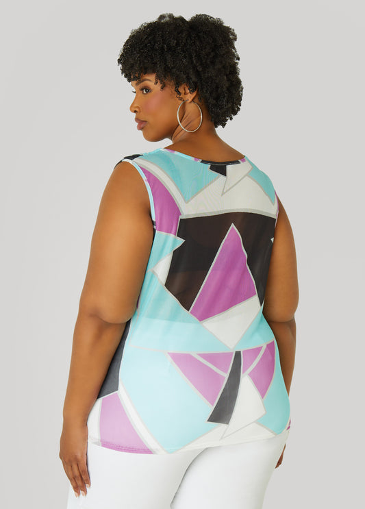Abstract Cowl Neck Mesh Top