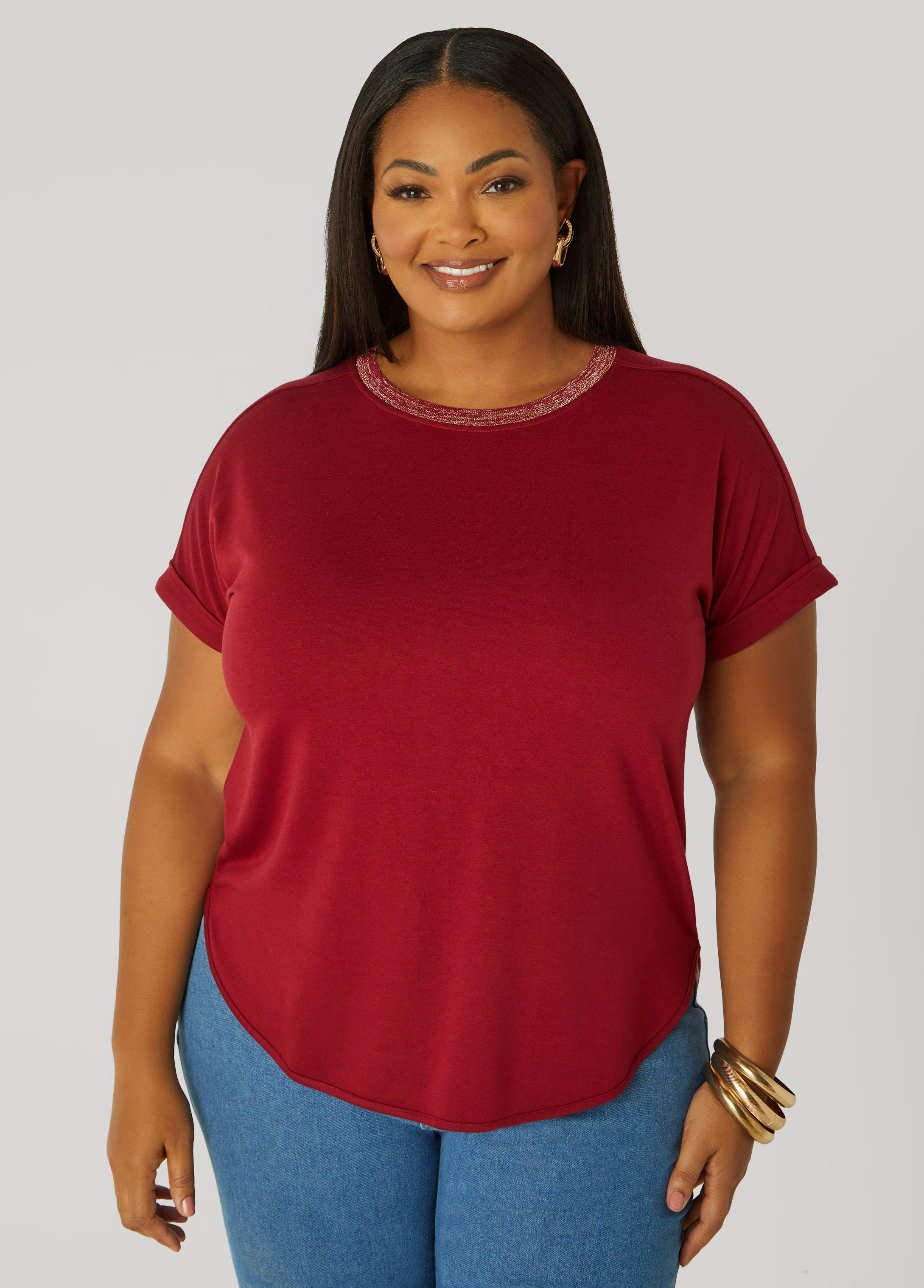 Cuffed Metallic Trimmed Tee