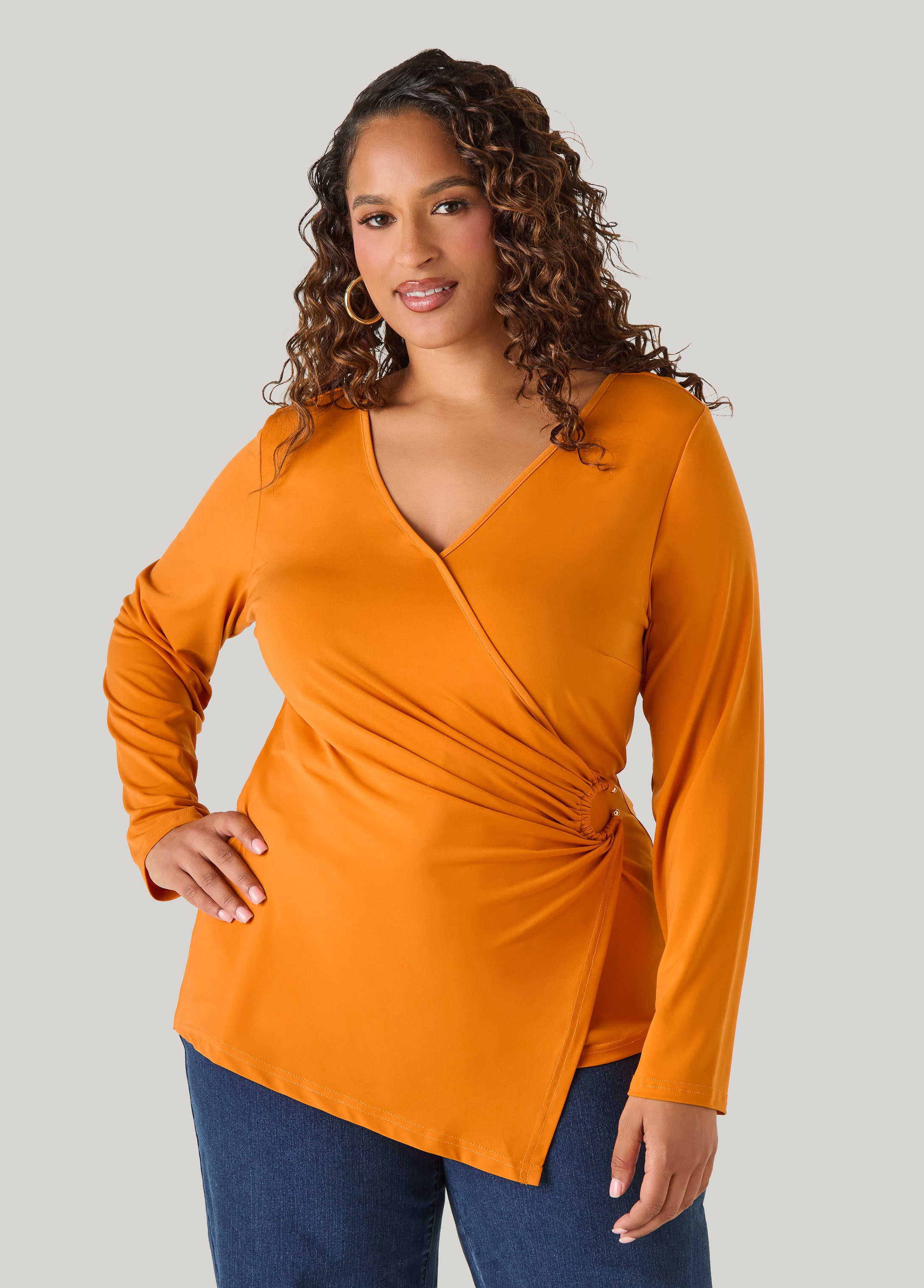 Ring Embellished Faux Wrap Top