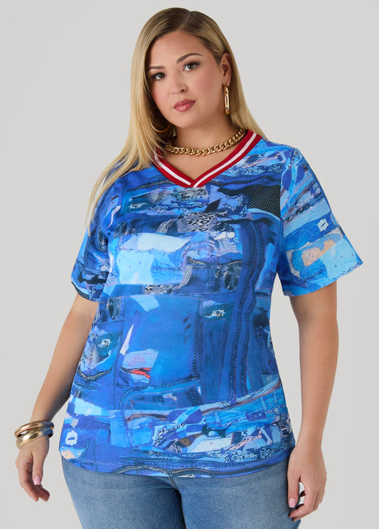 Plus Size Patchwork Denim Print Jersey