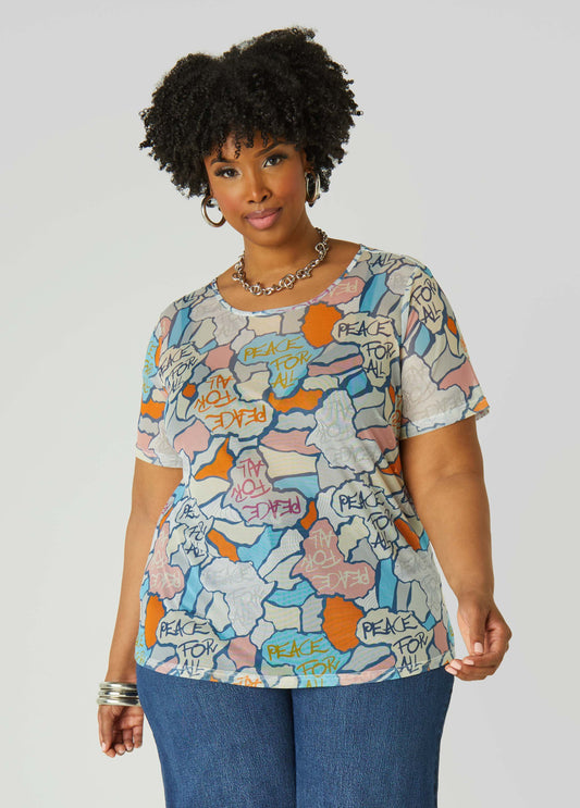 Plus Size Peace Print Mesh Tee