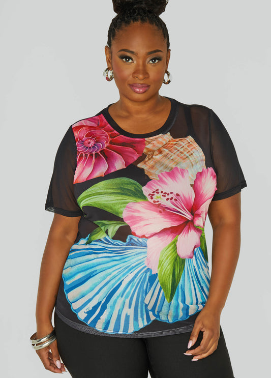 Plus Size Floral Print Mesh Tee