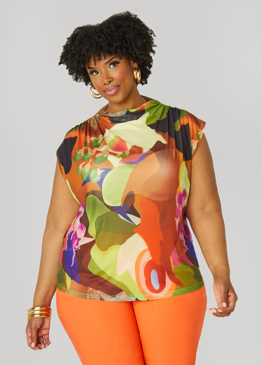 Plus Size Abstract Print Mesh Top