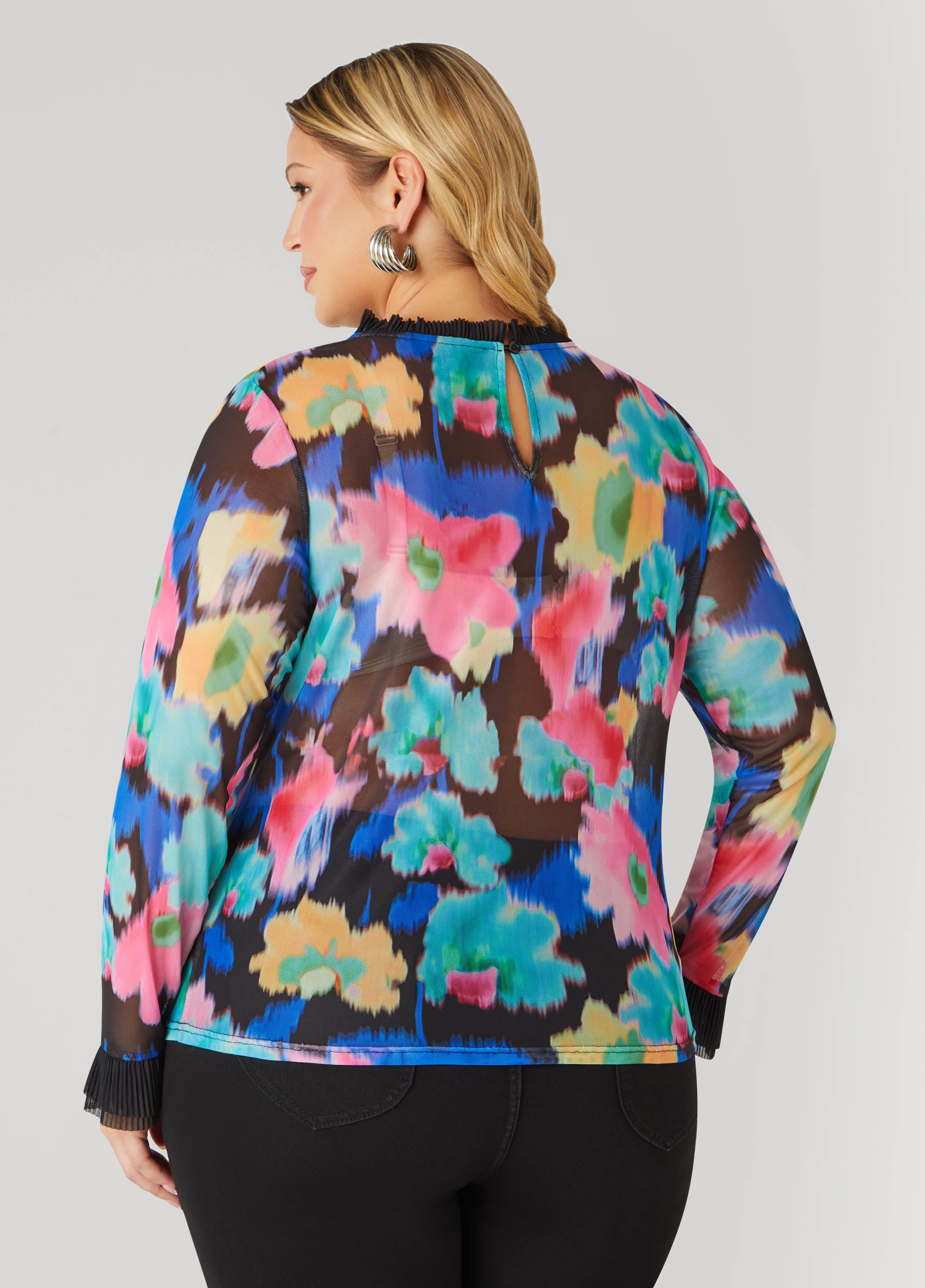 Ruffle Trimmed Printed Mesh Top