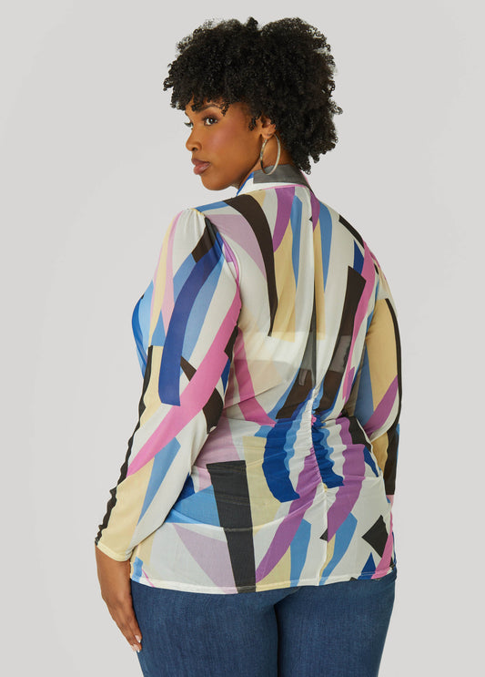 Gathered Abstract Print Mesh Shirt