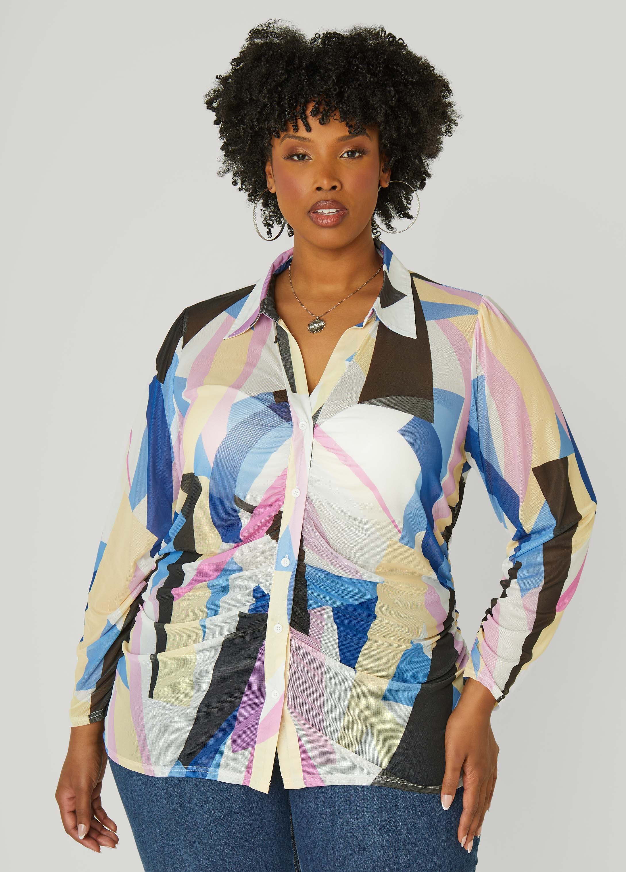 Plus Size Gathered Abstract Print Mesh Shirt