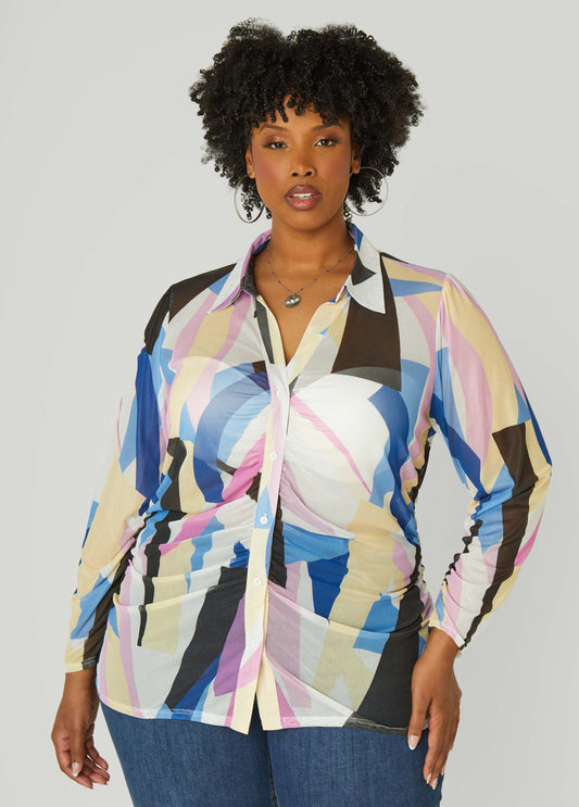 Plus Size Gathered Abstract Print Mesh Shirt