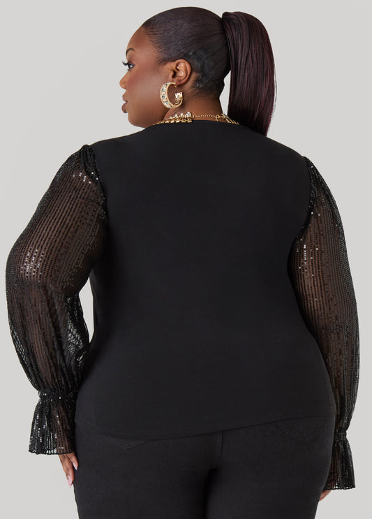 Sequin Mesh Paneled Faux Wrap Top