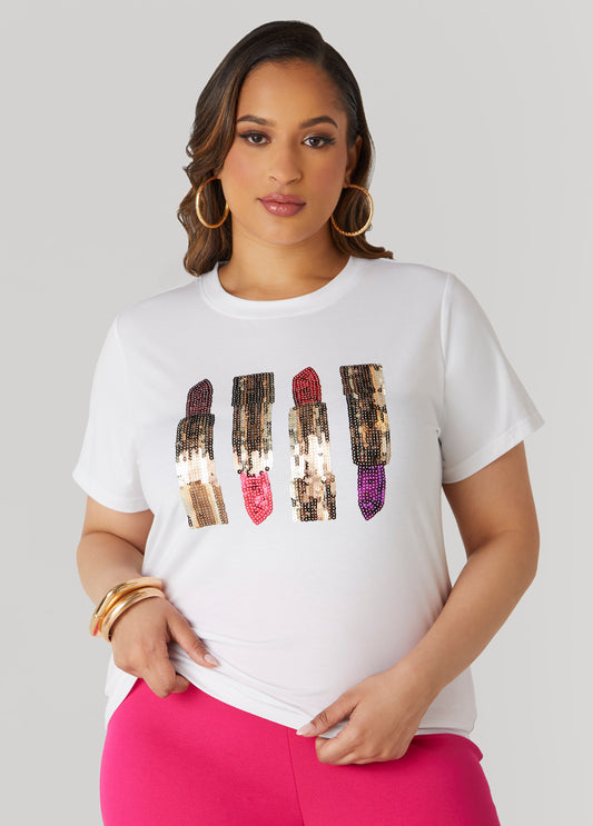Plus Size Lipstick Sequined Tee