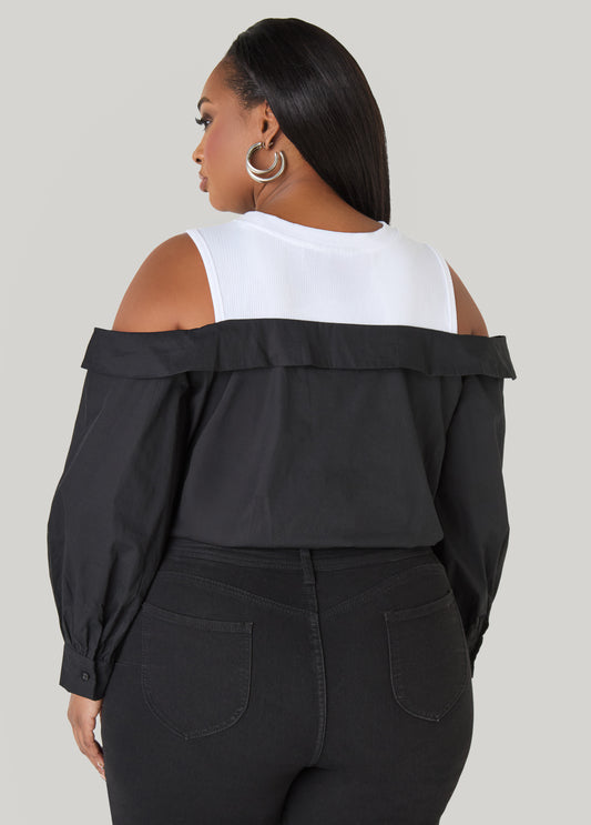 Cold Shoulder Paneled Poplin Top