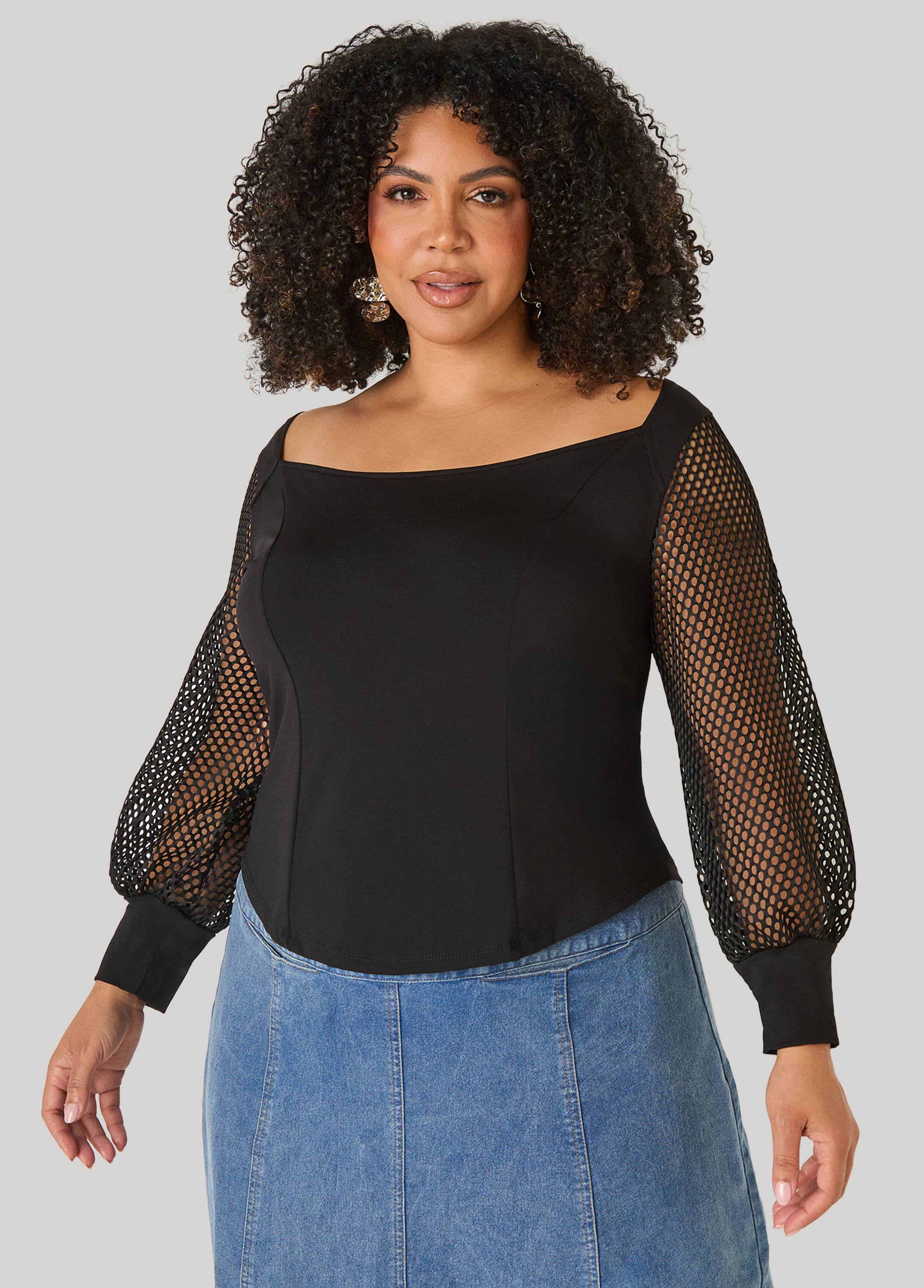 Mesh Sleeved Square Neck Top