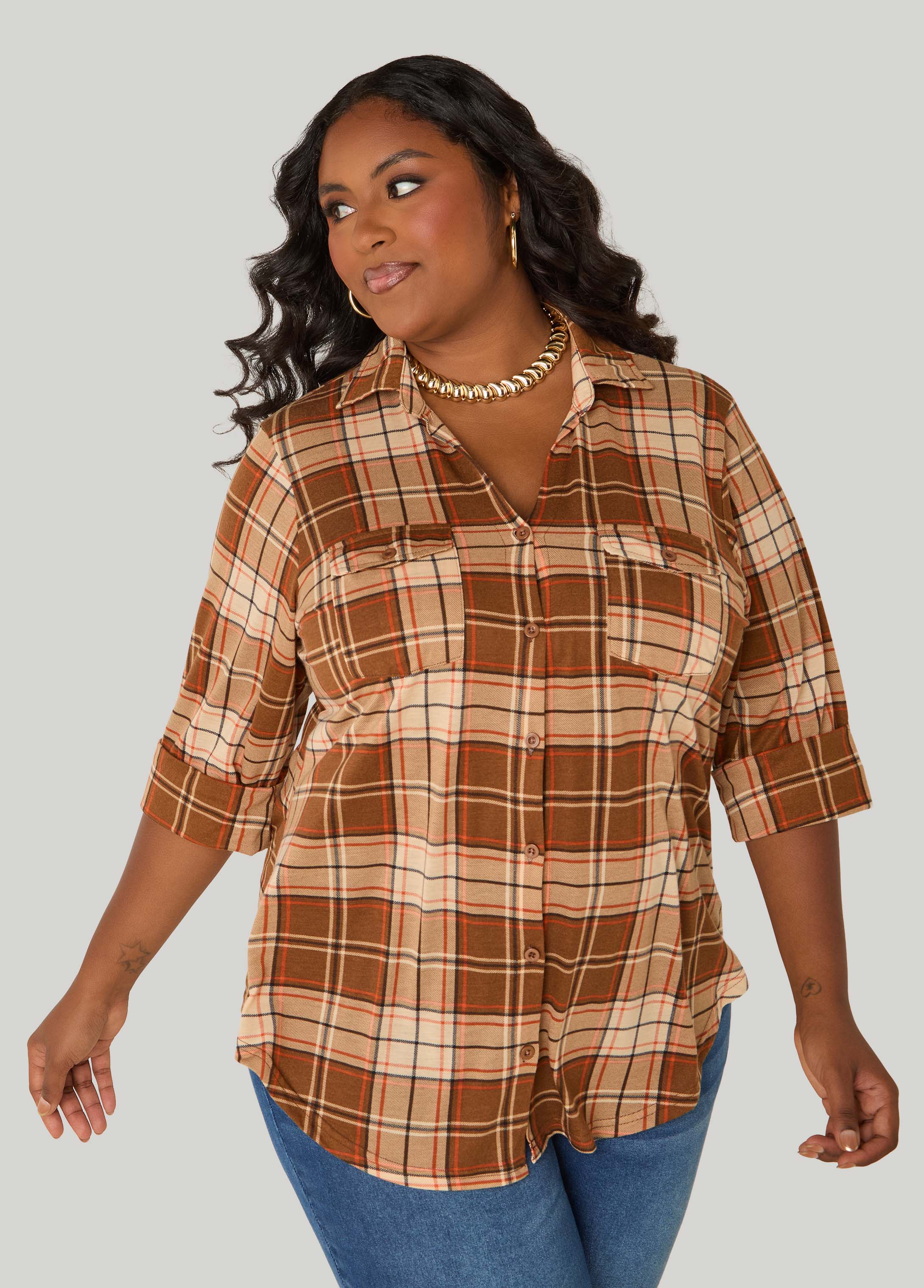 Button Front Plaid Shirt