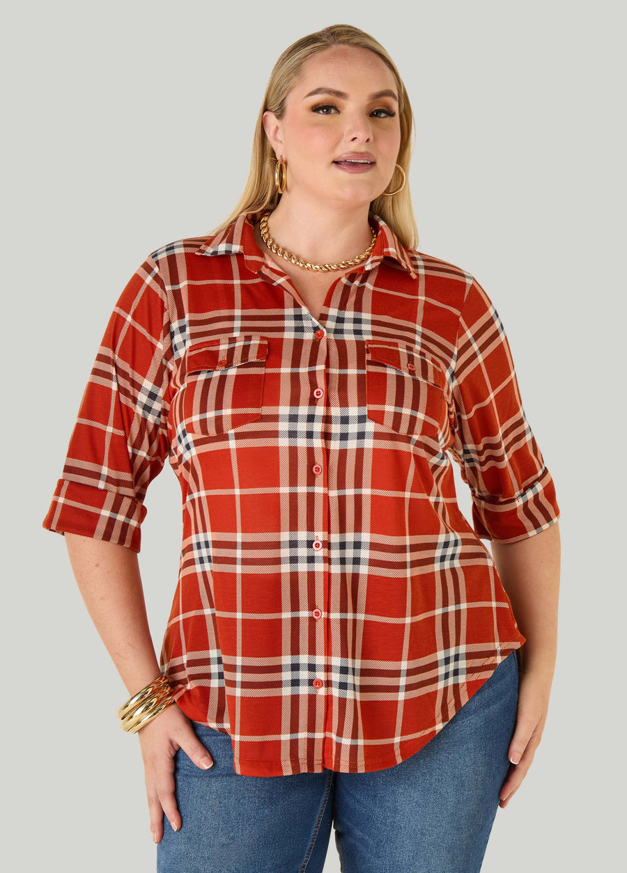Cuffed Plaid Button Front Shirt