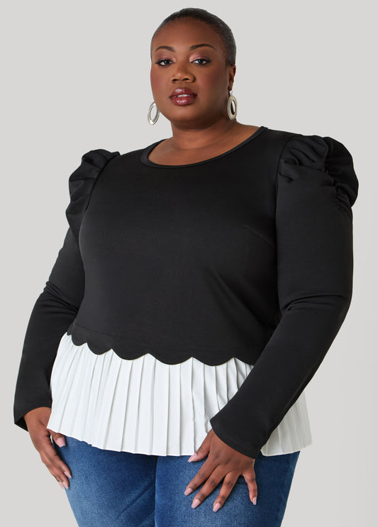 Plus Size Pleated Paneled Puff Sleeved Top