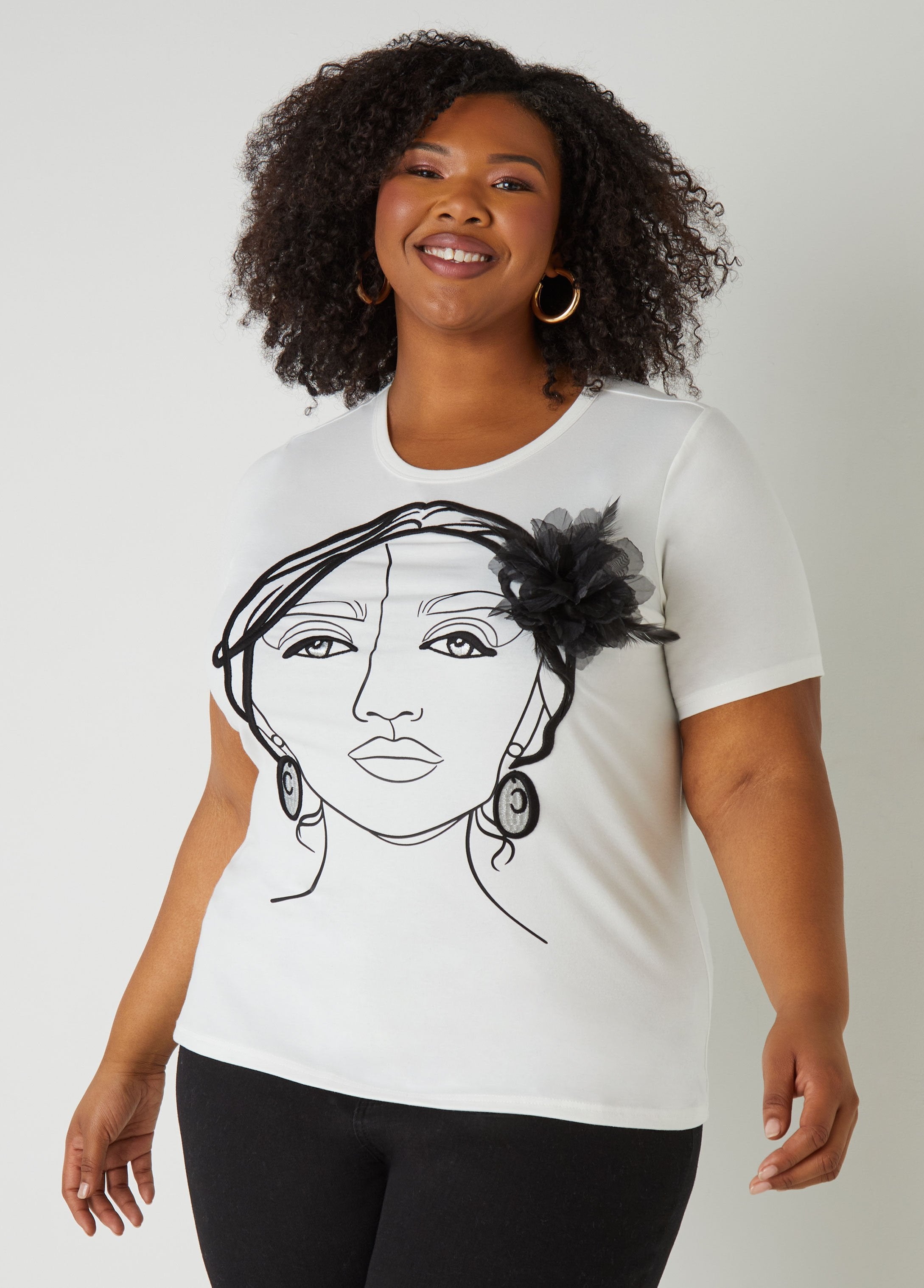 Plus Size Flower Embroidered Profile Tee Plus Size T Shirt