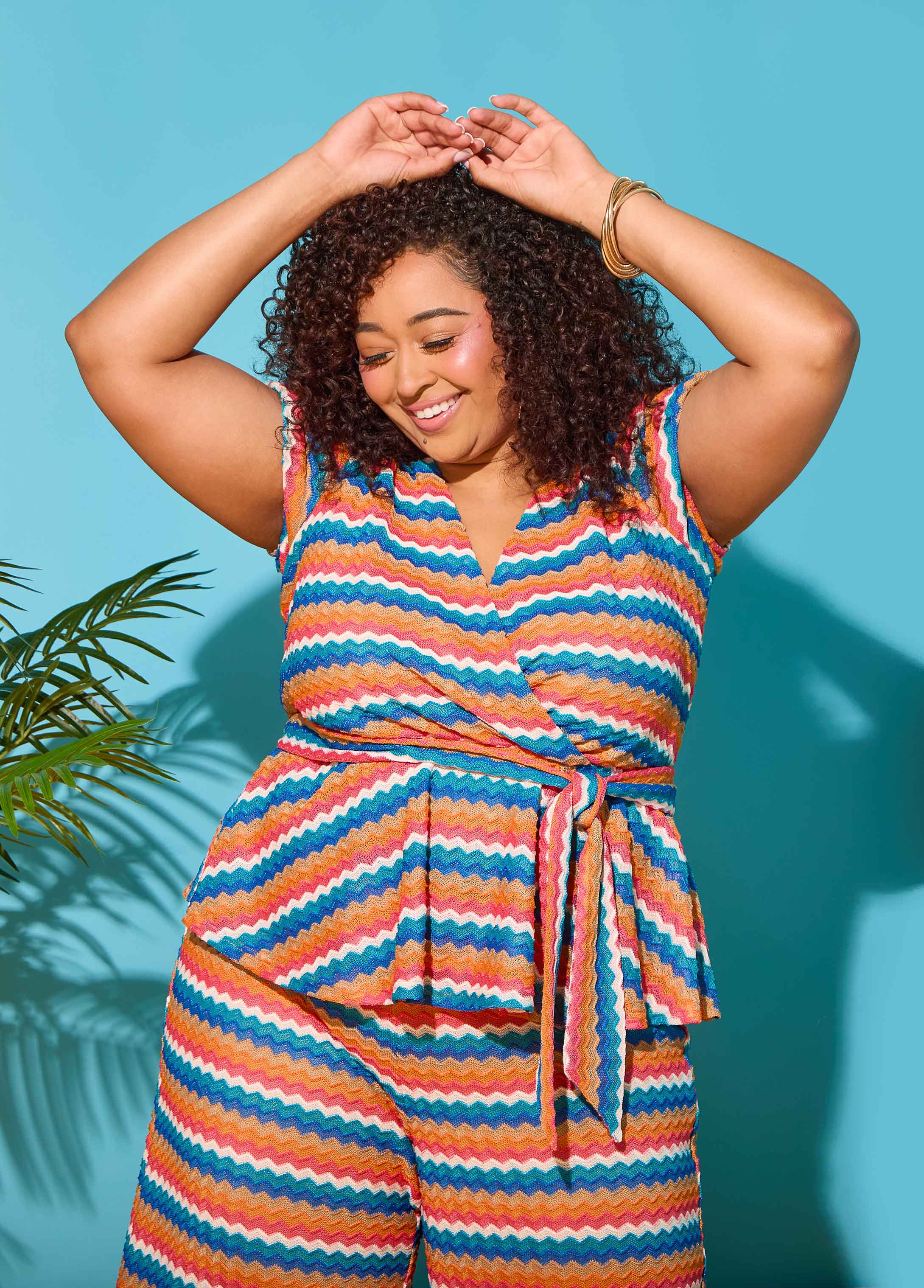 Plus Size Chevron Wrap Top Zig Zag Short Sleeve Knit Peplum Blouse Set	