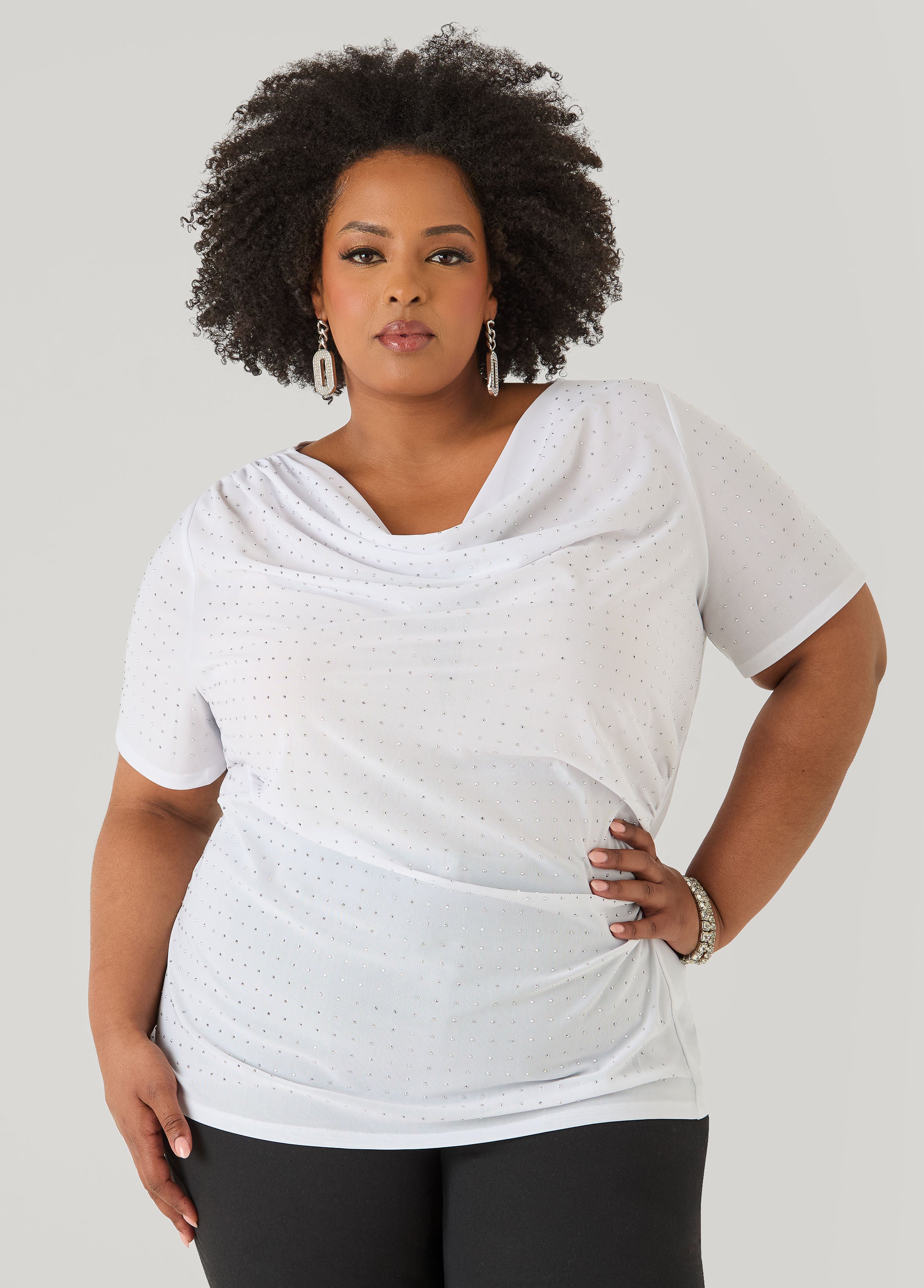Crystal Cowl Neck Mesh Top